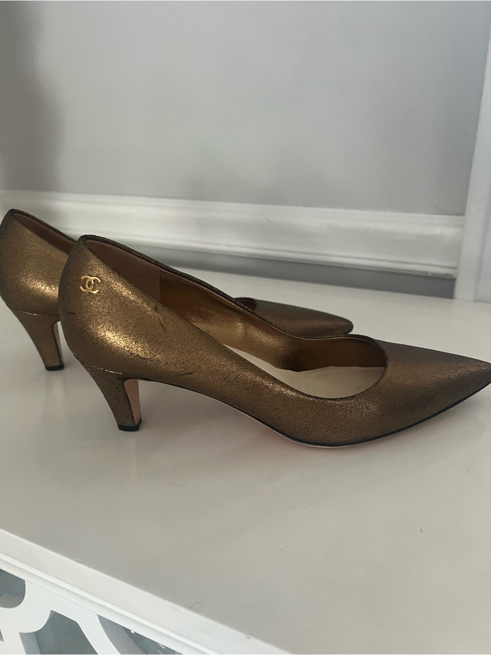 CHANEL Metallic Bronze Pointed-Toe Kitten Heel Pumps